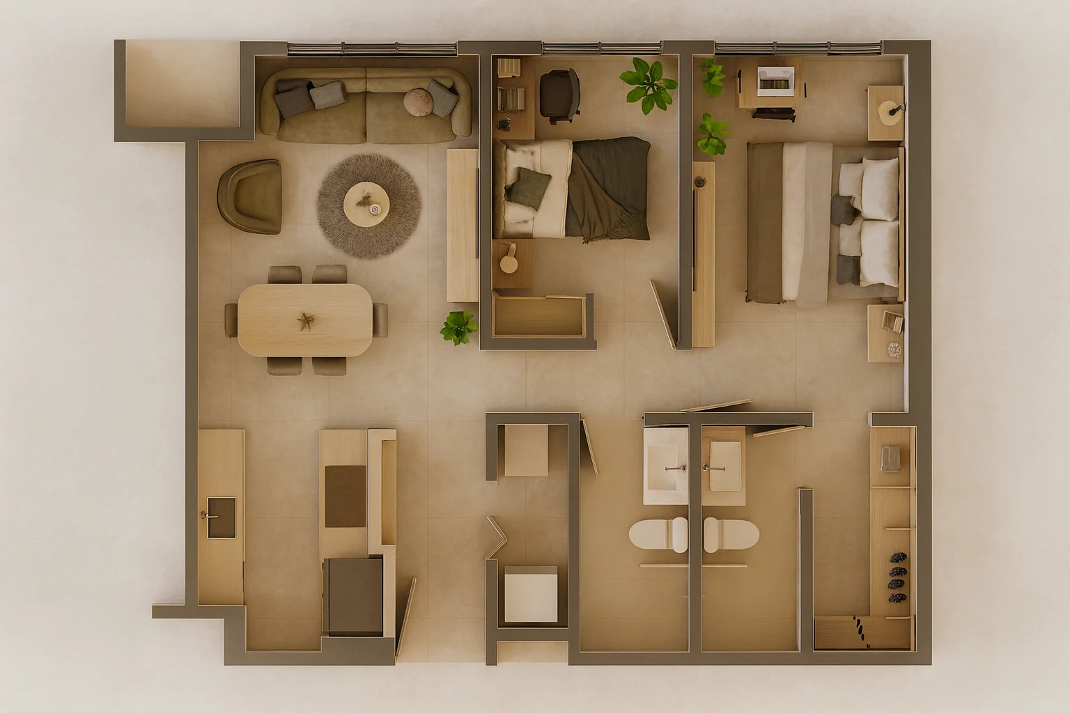 Vista 3D isométrica del apartamento